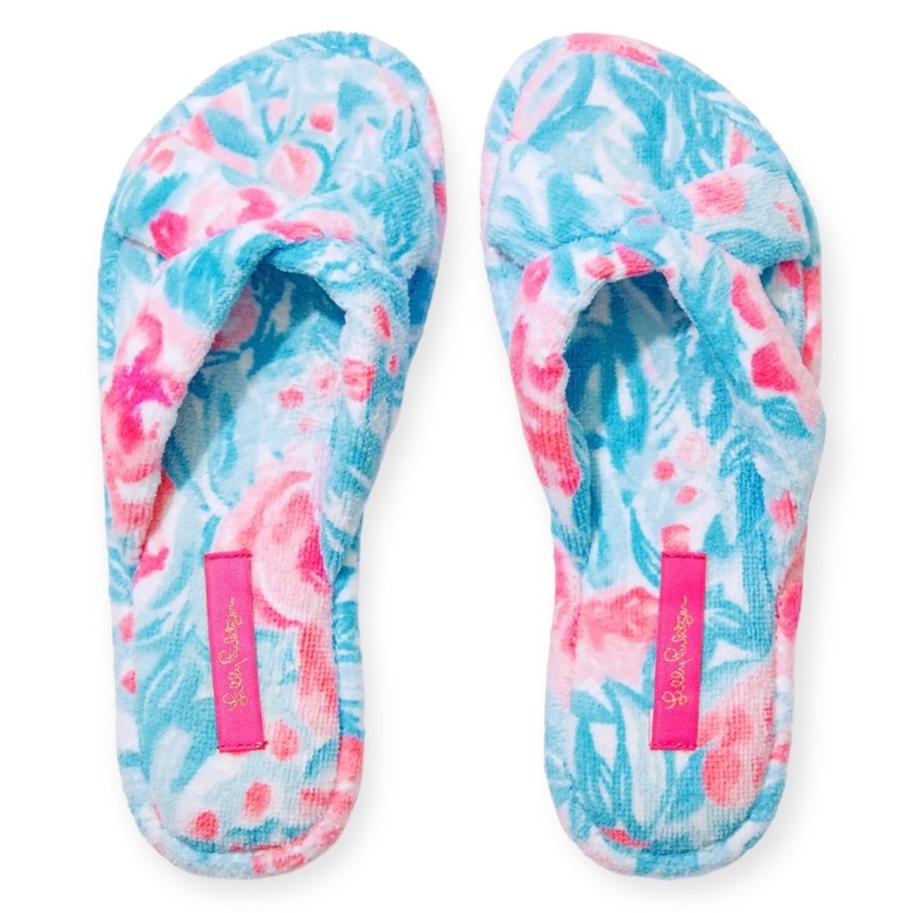 LILLY PULITZER Terry Slippers Printed Velour Bondi Blue My Little Peony NWT